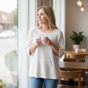 Robert Louis Oatmeal Sweater: Cozy Chic 3/4 Sleeve, Kangaroo Pocket, NWOT, Fall